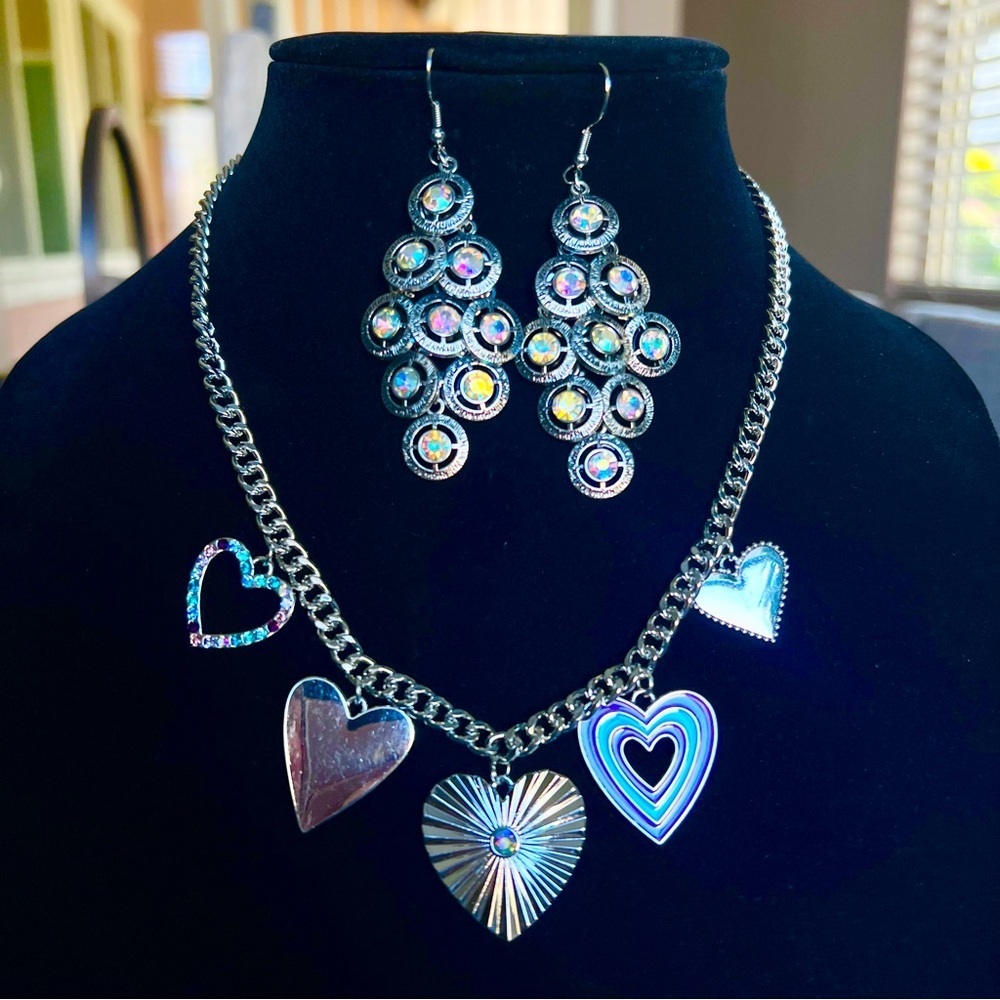 NEW Necklace and earrings Set, AB rhinestones and silver tone metal, custom